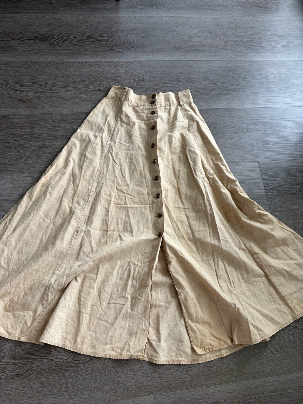 Vintage cotton linen Button-Front Maxi Skirt in Beige nude classic